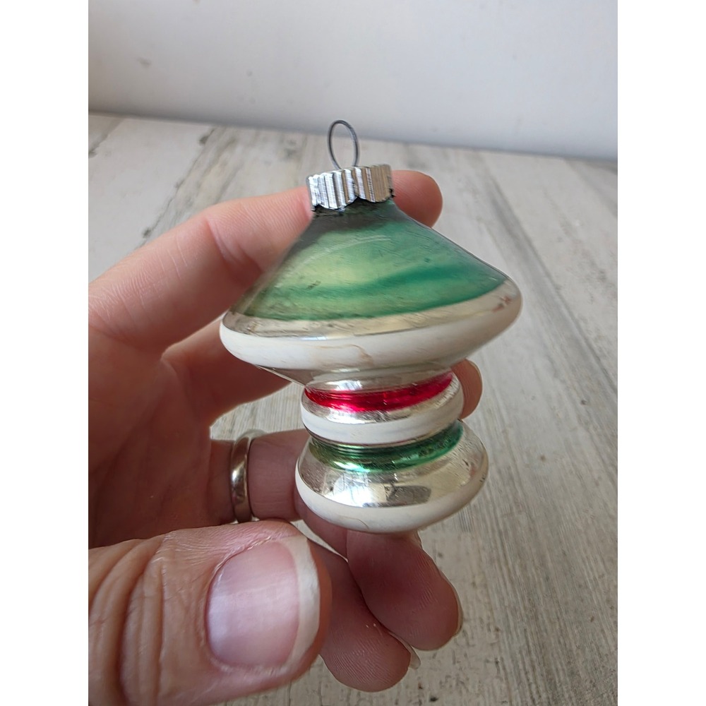 Vintage shiny brite atomic topper striped green red mercury glass ornament